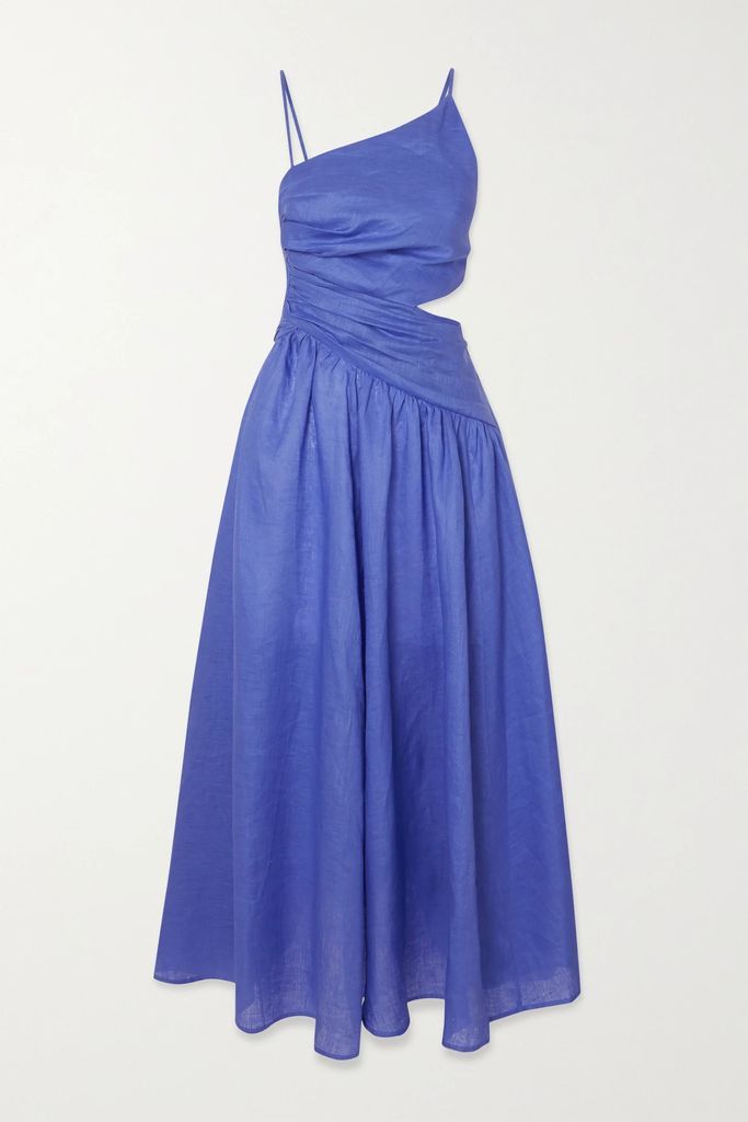 Tropicana Open-back Asymmetric Linen Midi Dress - Cobalt blue