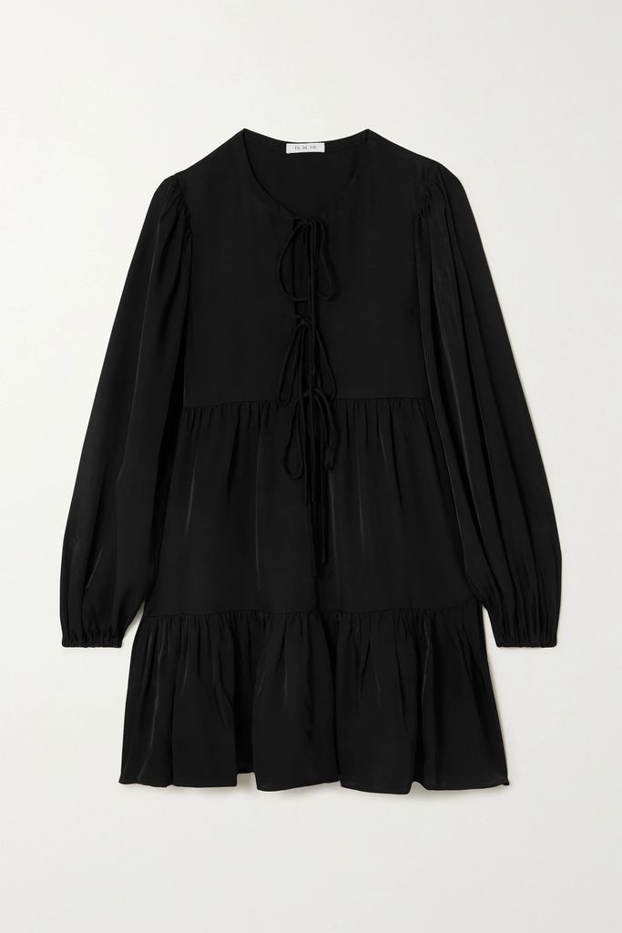 Medina Lace-up Tiered Bamboo-satin Twill Mini Dress - Black