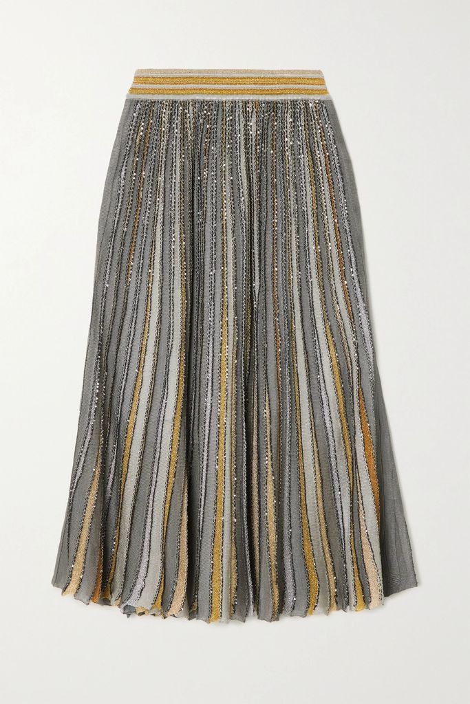 Pleated Sequin-embellished Metallic Crochet-knit Midi Skirt - Silver
