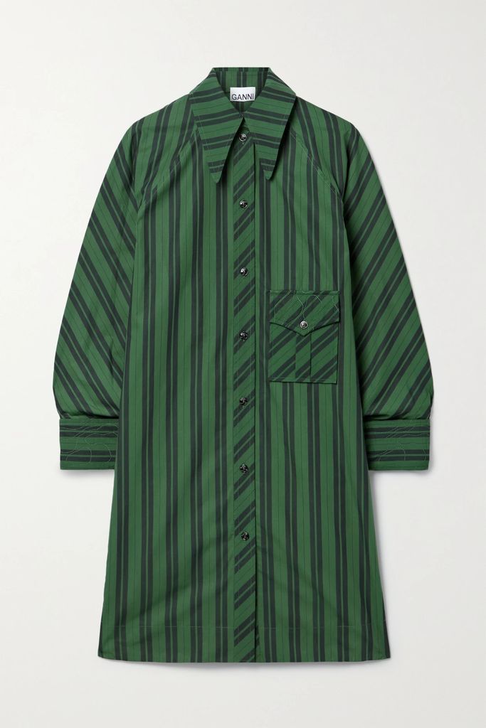 Oversized Striped Organic Cotton-poplin Mini Shirt Dress - Dark green