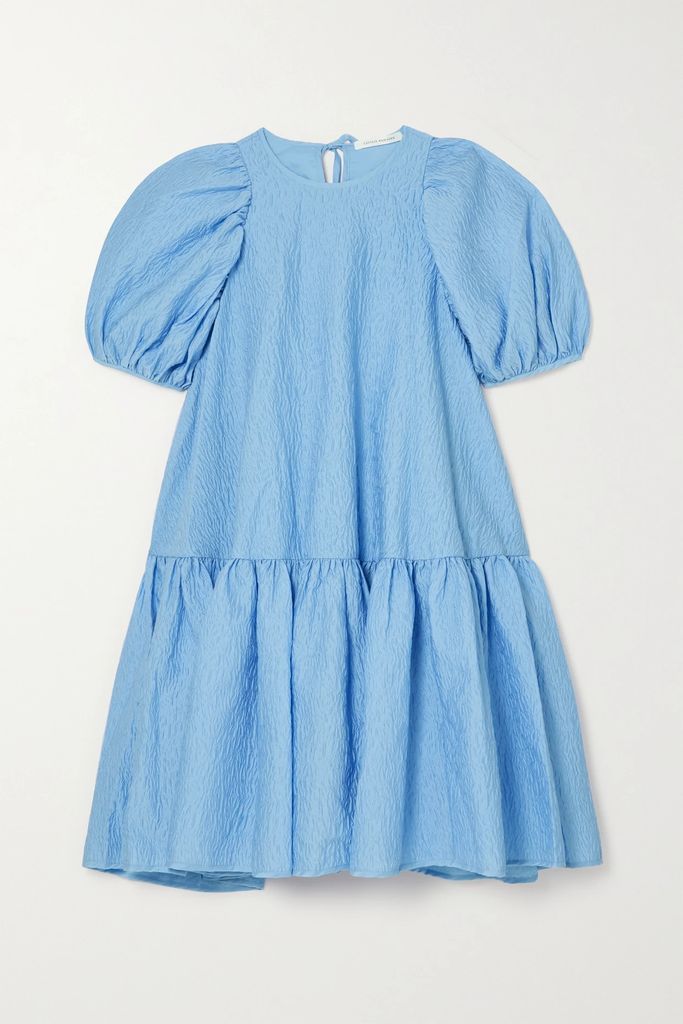 Alexa Oversized Tiered Matelassé Satin Mini Dress - Blue