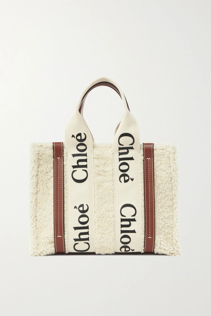 Woody Small Leather-trimmed Shearling Tote - Beige