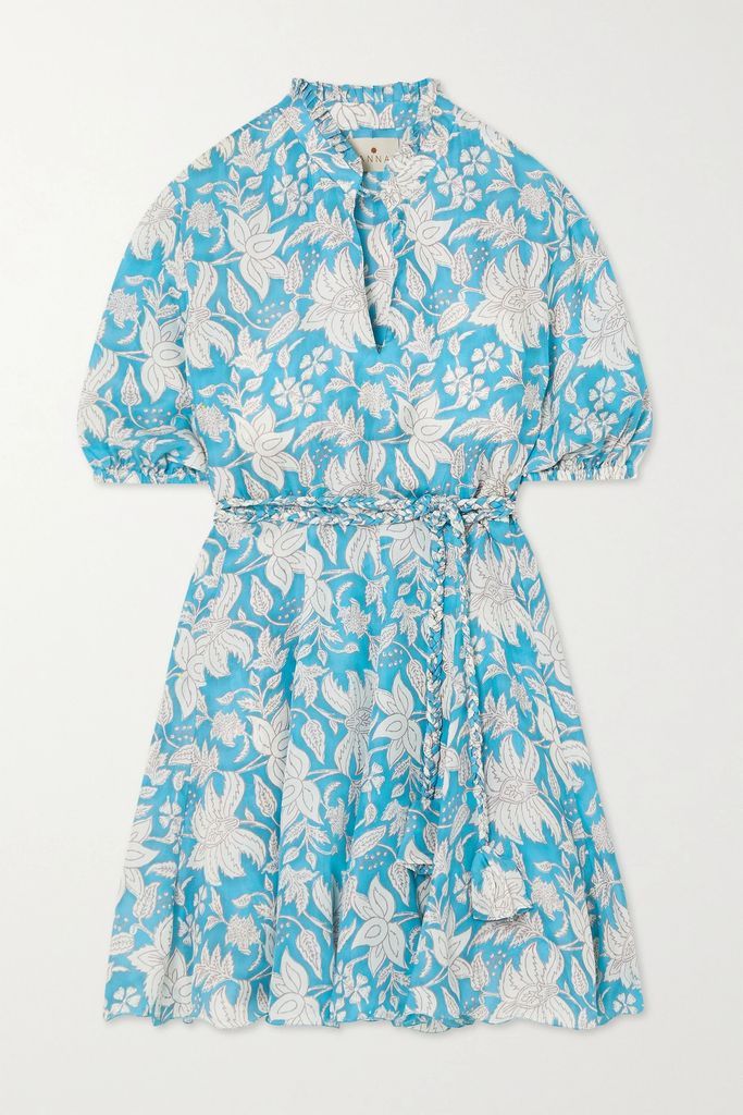 Gaia Belted Ruffled Floral-print Washed Silk-satin Mini Dress - Blue