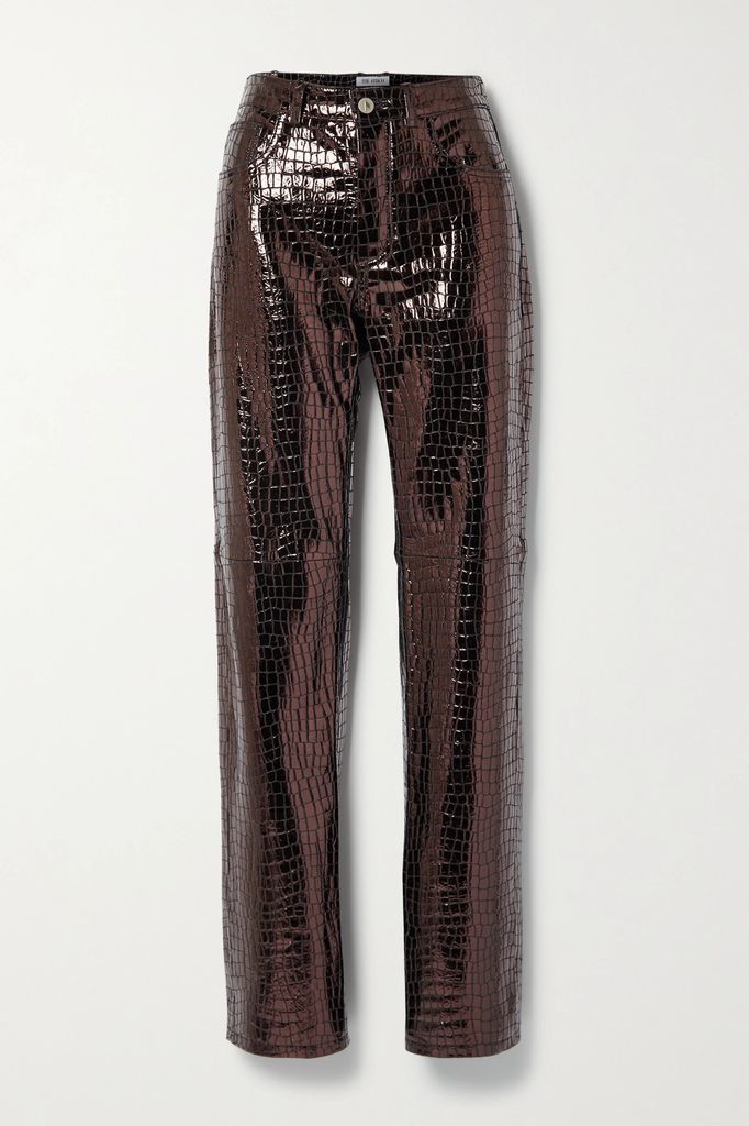 Metallic Croc-effect Leather Straight-leg Pants - Bronze