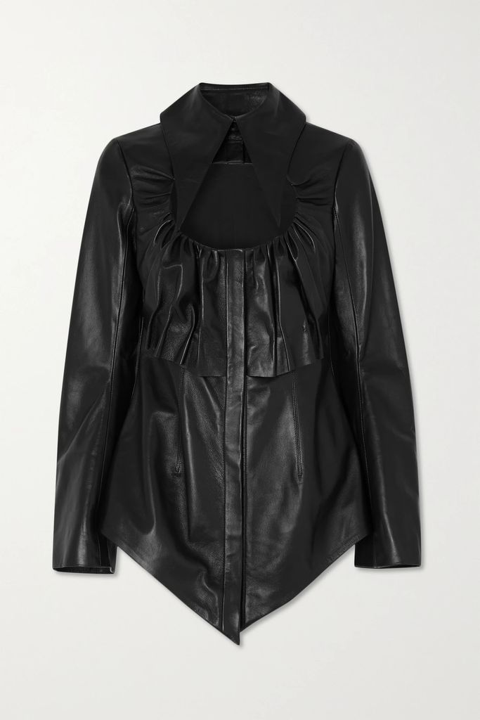 Hoguti Cutout Gathered Textured-leather Shirt - Black