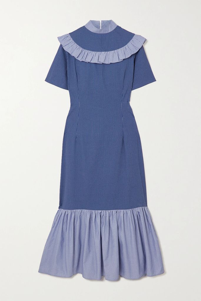 + The Vanguard Miss Gee Ruffled Pinstriped Cotton-poplin Midi Dress - Blue