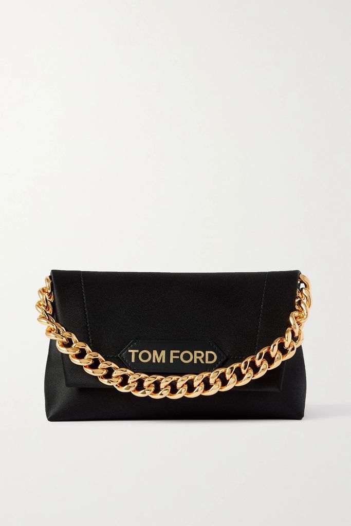Chain Leather-trimmed Satin Clutch - Black