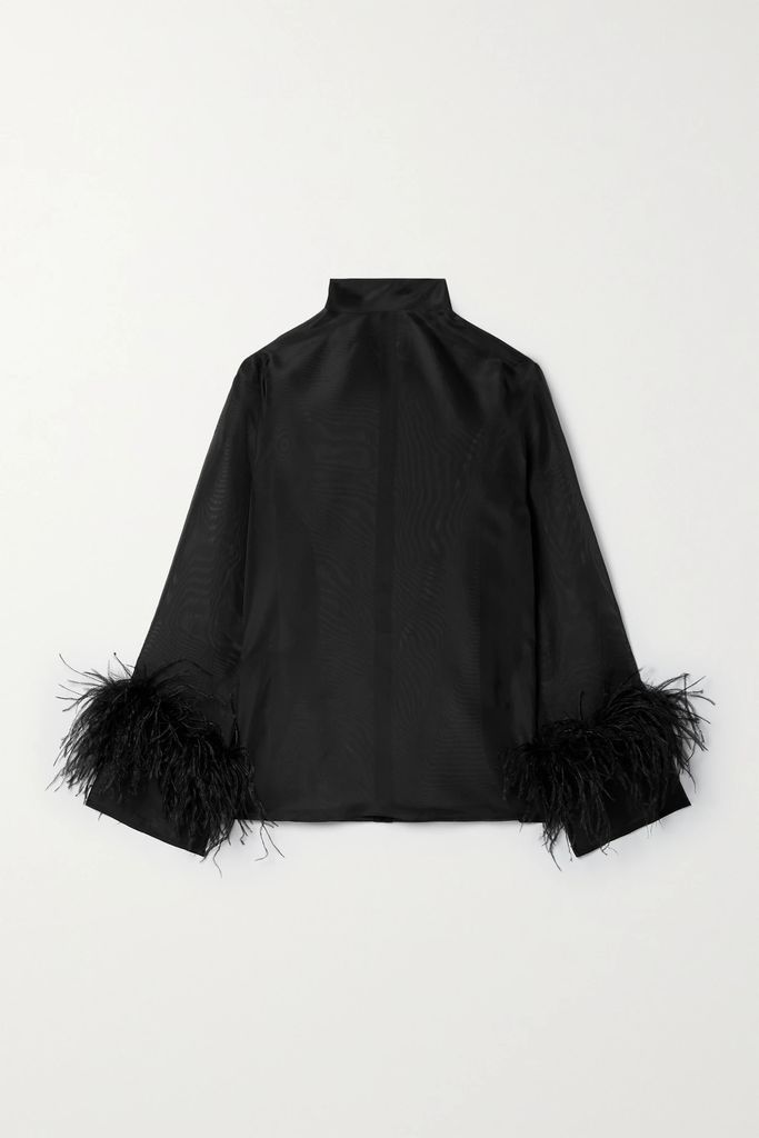 Feather-trimmed Silk-organza Blouse - Black