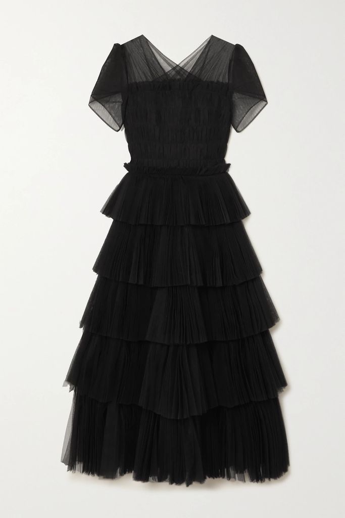 Mae Shirred Tiered Tulle Midi Dress - Black