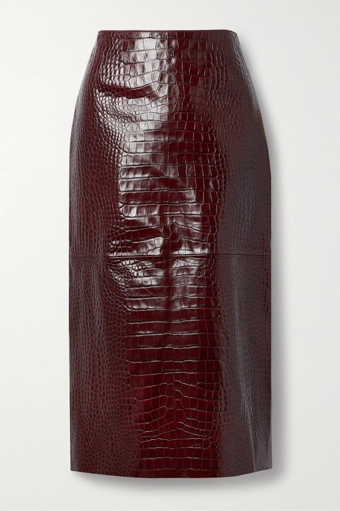 Birdie Croc-effect Leather Midi Skirt - Claret
