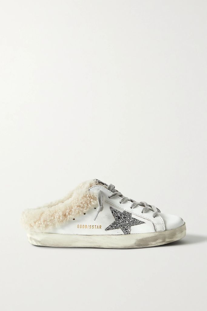 Superstar Sabot Shearling-lined Distressed Glittered Leather Slip-on Sneakers - White