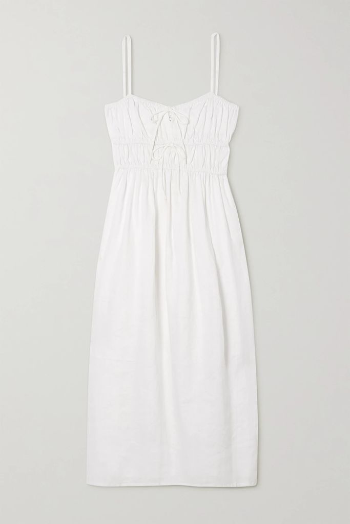 Francesca Shirred Linen Midi Dress - White