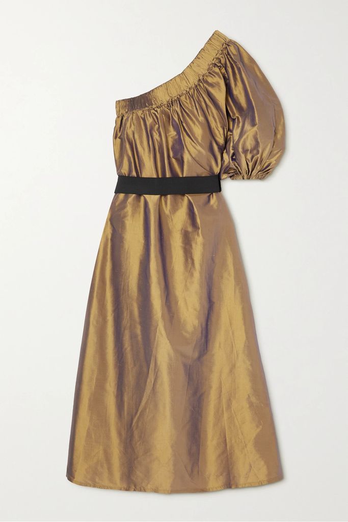 Aster One-sleeve Belted Metallic Silk-taffeta Dress - Bronze