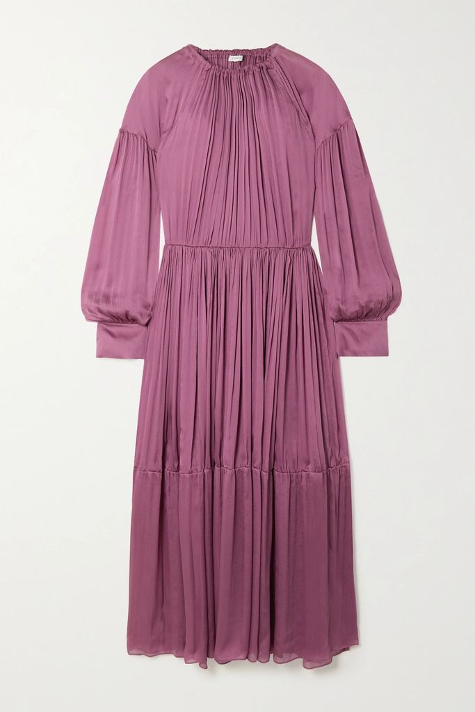 Tiered Pleated Silk Midi Dress - Pink