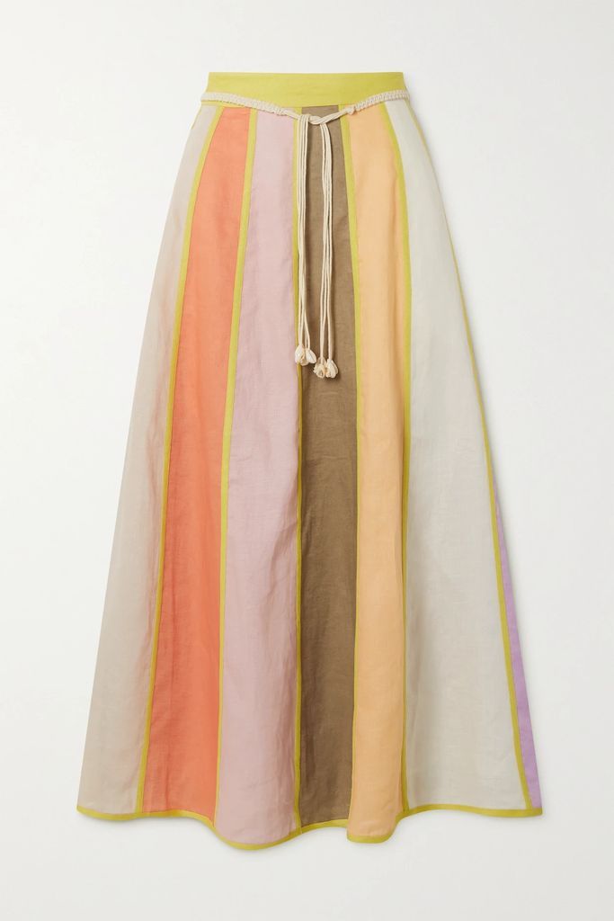 Lola Belted Paneled Linen Midi Skirt - Orange