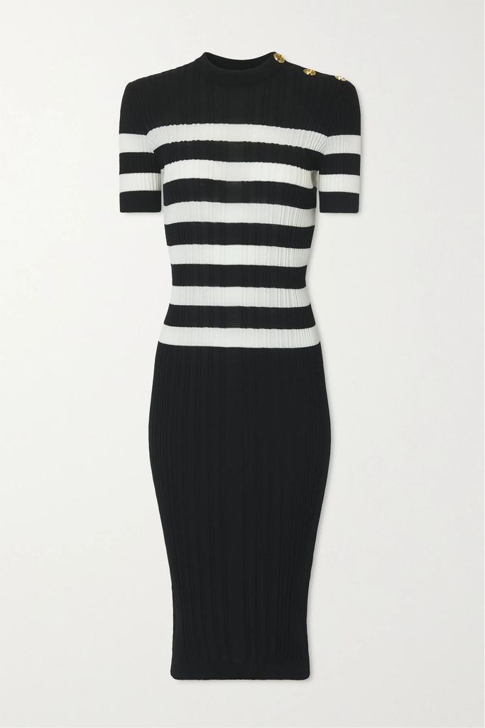 Button-embellished Striped Ribbed Wool Midi Dress - Black