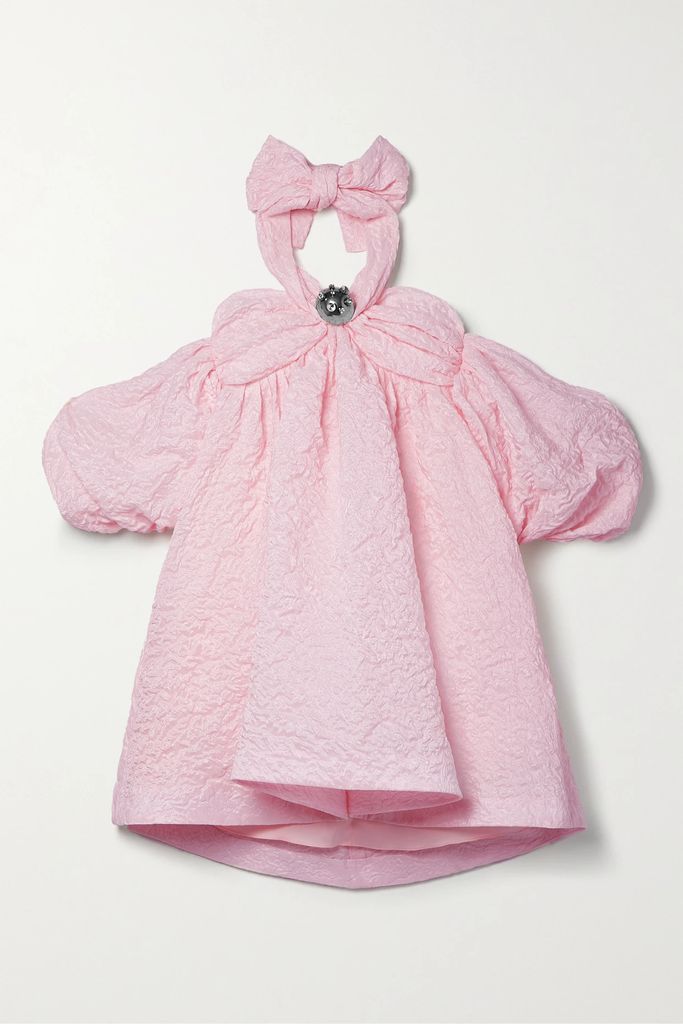 Off-the-shoulder Embellished Cloqué Halterneck Mini Dress - Pink