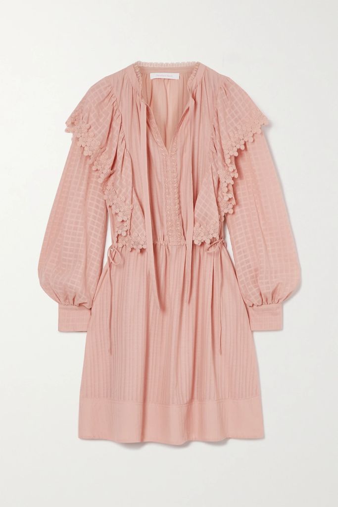 Ruffled Lace-trimmed Cotton Mini Dress - Blush