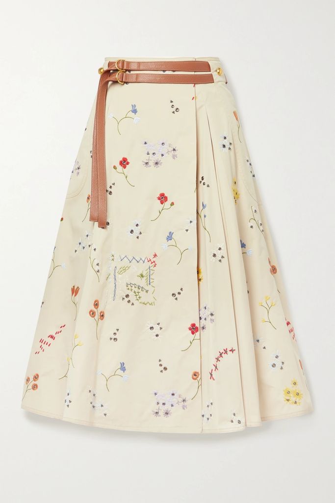 Belted Embellished Cotton-twill Midi Skirt - Beige