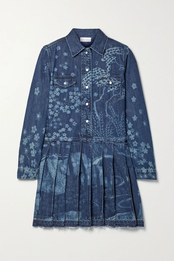 Frayed Pleated Printed Denim Mini Dress - Blue