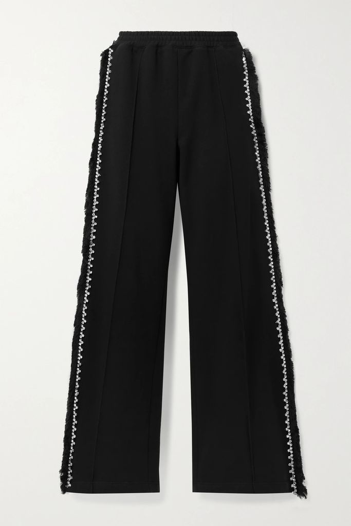 Crystal-embellished Fringed Cotton-jersey Track Pants - Black