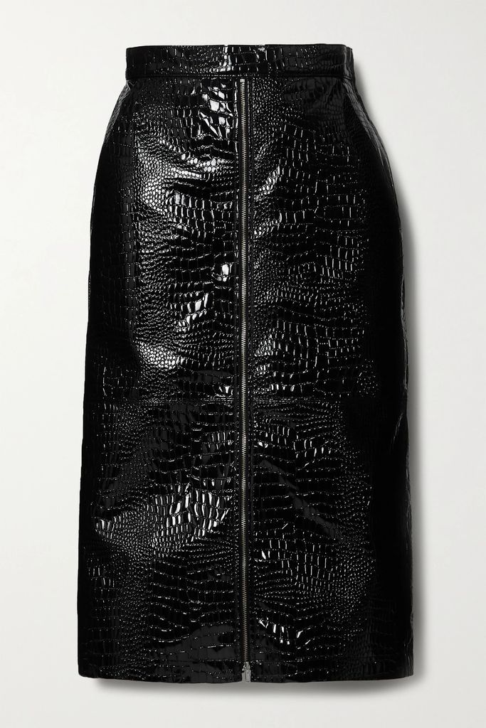 Croc-effect Faux Patent-leather Midi Skirt - Black