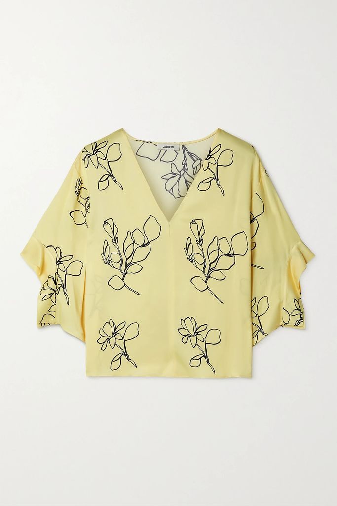 Floral-print Satin Blouse - Pastel yellow