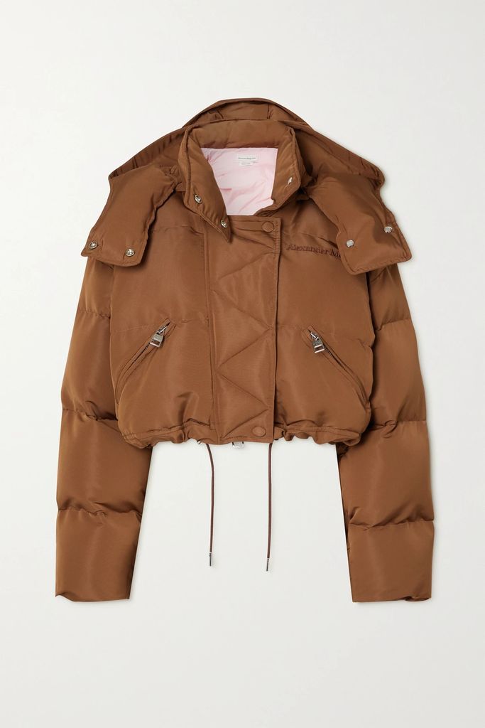 Cropped Hooded Quilted Padded Twill Jacket - Brown