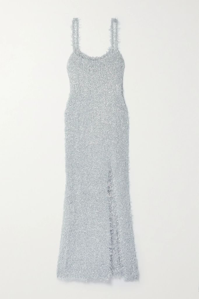Metallic Knitted Midi Dress - Silver