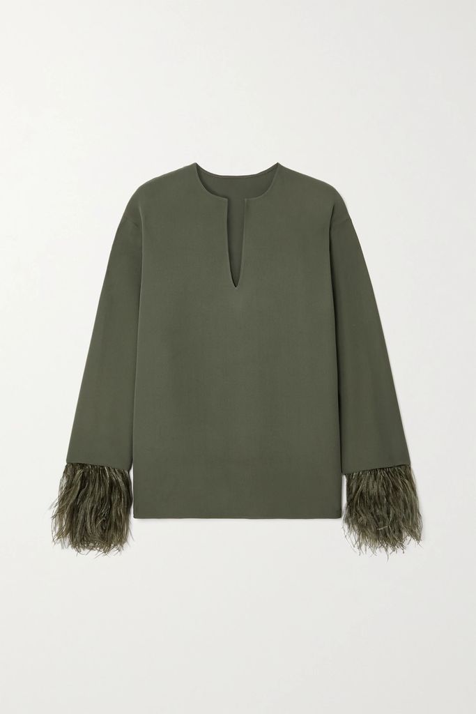 Feather-trimmed Silk-crepe Blouse - Green