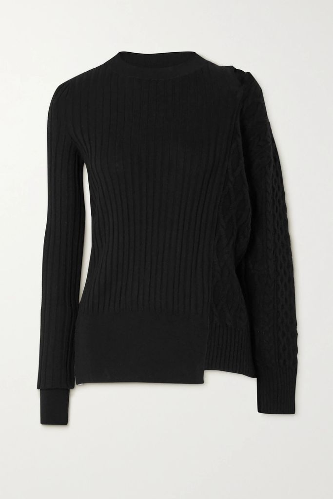 Cutout Paneled Ribbed And Cable-knit Wool Sweater - Black