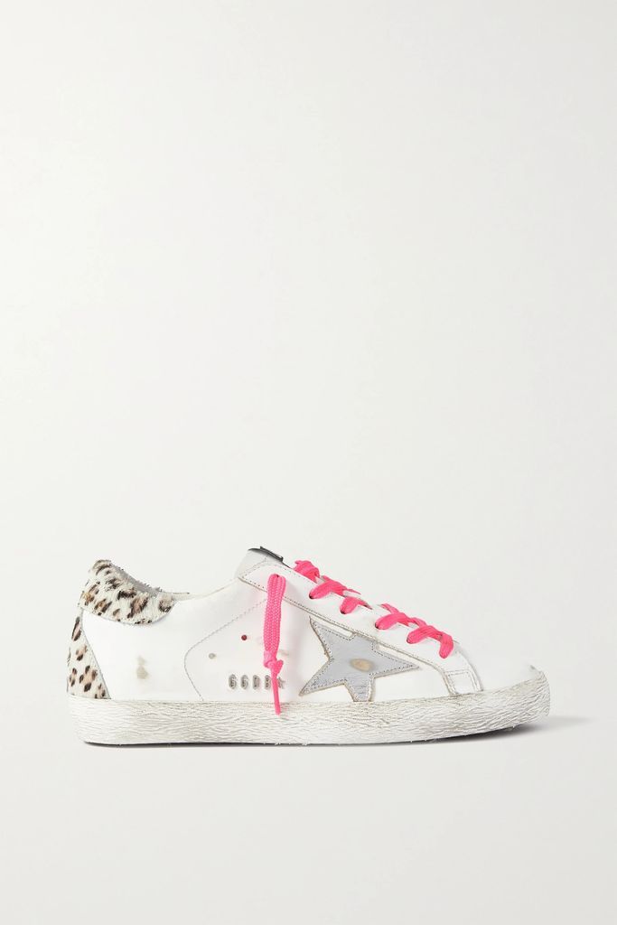 Superstar Leopard-print Calf Hair-trimmed Distressed Leather Sneakers - White