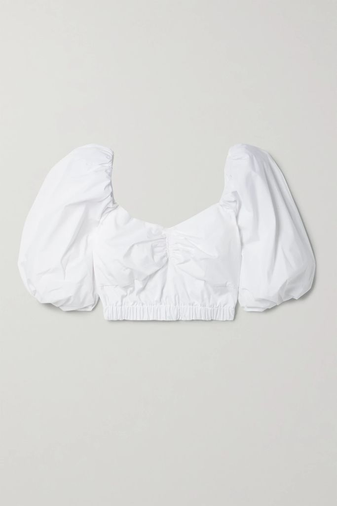 Cropped Gathered Cotton-blend Poplin Top - White