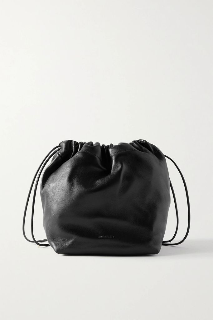 Gathered Leather Bucket Bag - Black