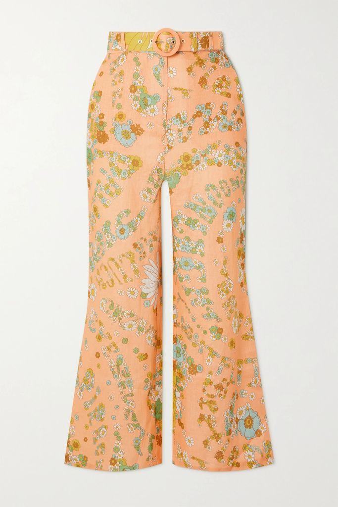 Lola Cropped Belted Floral-print Linen Flared Pants - Peach