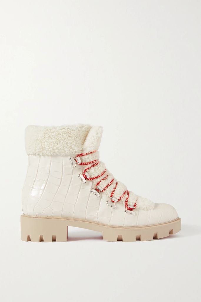 Edelvizir Shearling-trimmed Croc-effect Leather Ankle Boots - Off-white