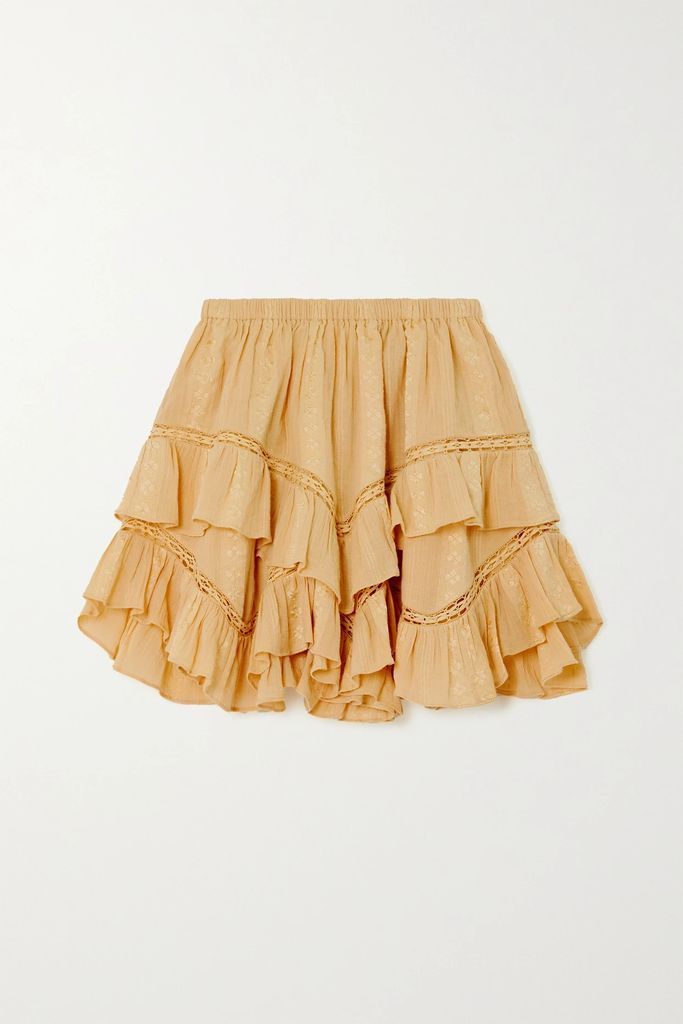 Jocadia Lace-trimmed Ruffled Embroidered Cotton-blend Skirt - Marigold