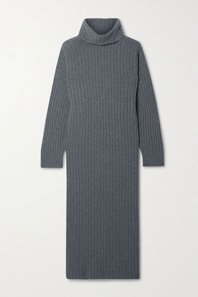 Enzo Ribbed Recycled Cashmere And Wool-blend Turtleneck Midi Dress - Gray