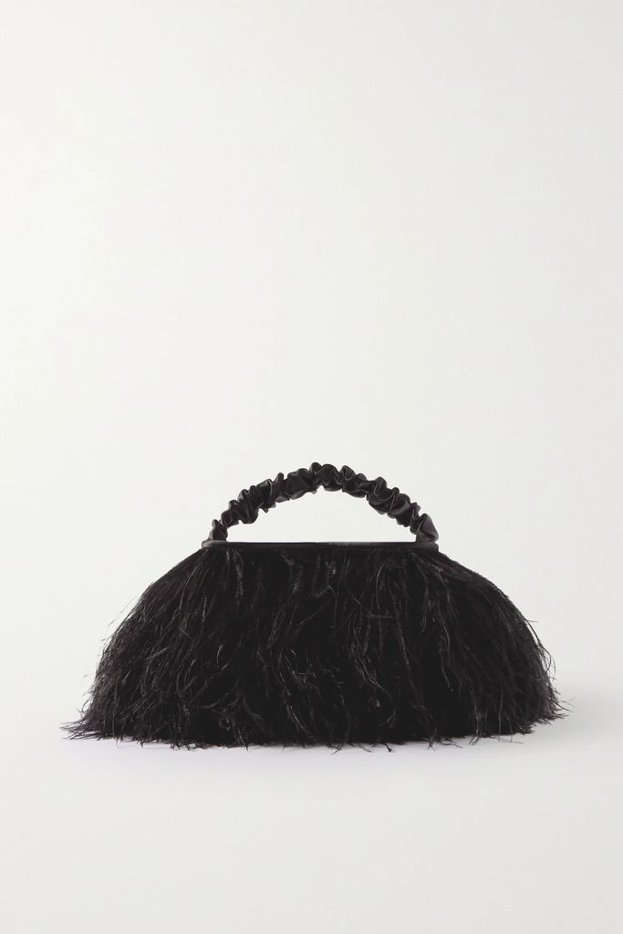 Scrunchie Mini Feather-embellished Satin Tote - Black