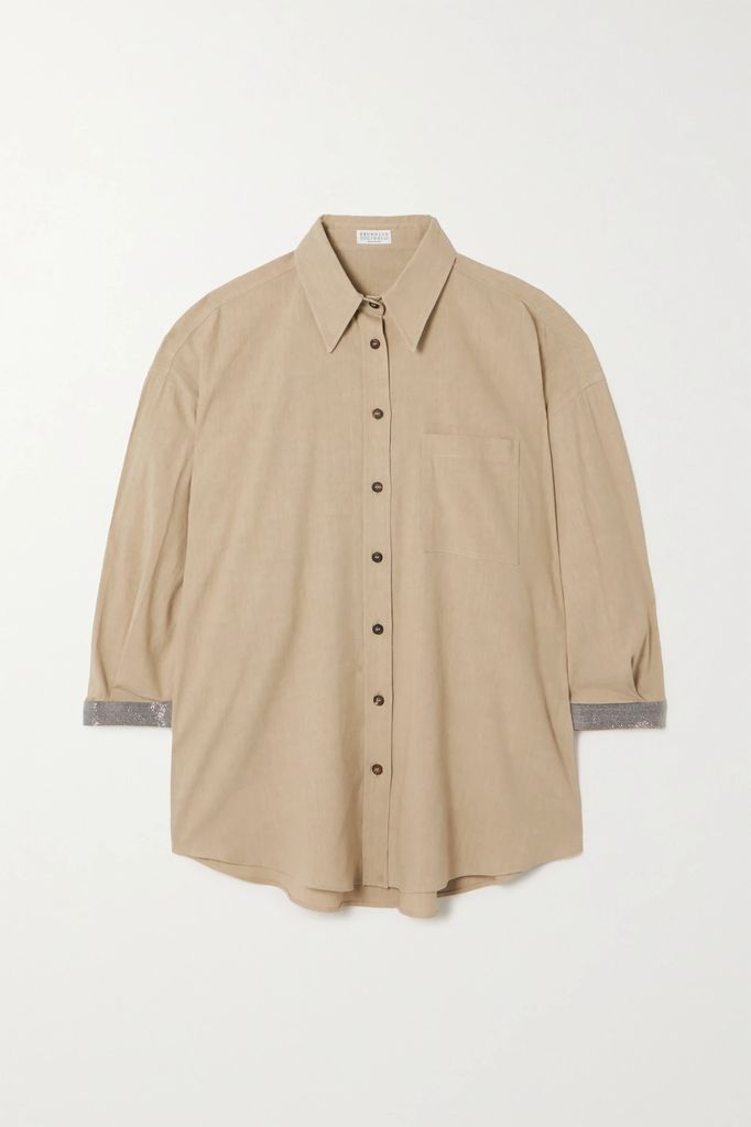 Bead-embellished Linen-blend Shirt - Beige