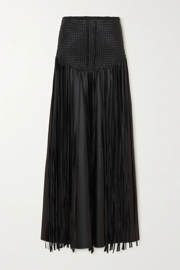 Layered Fringed Woven Leather Maxi Skirt - Black