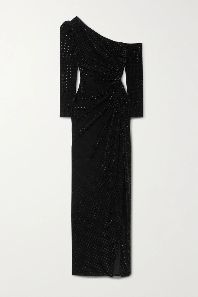 One-shoulder Ruched Embellished Velvet Gown - Black
