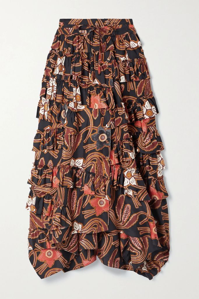 Isa Asymmetric Tiered Floral-print Silk-taffeta Maxi Skirt - US0