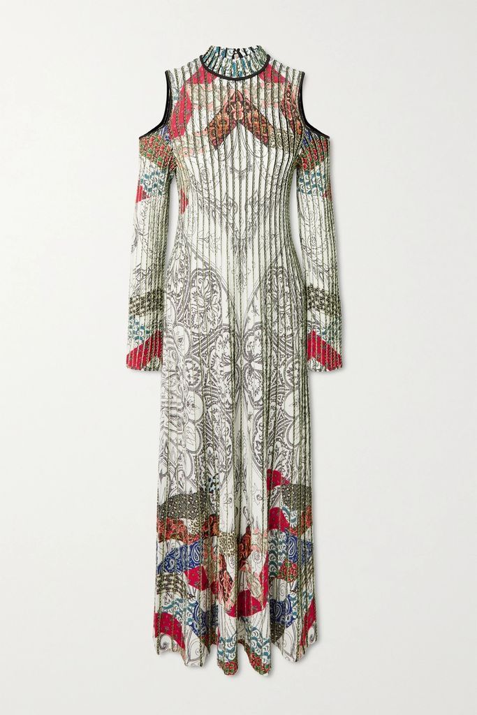 Cold-shoulder Printed Ribbed-knit Maxi Dress - White