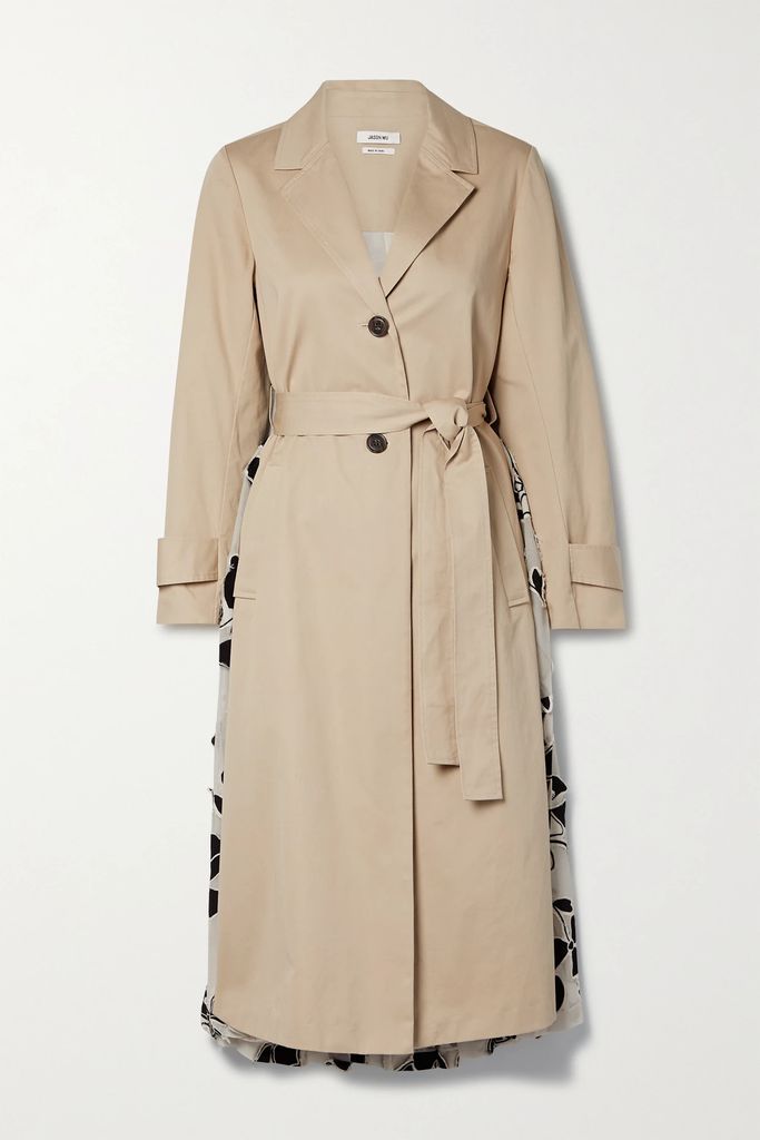 Paneled Cotton-twill And Floral-print Chiffon Trench Coat - Beige