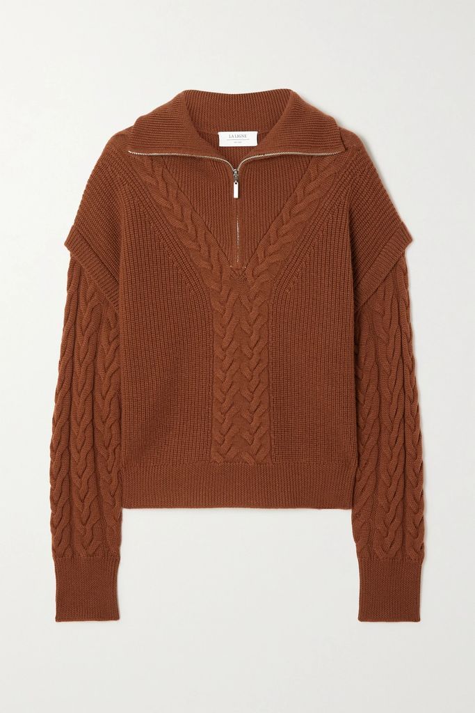 Cable-knit Merino Wool Half-zip Sweater - Brown