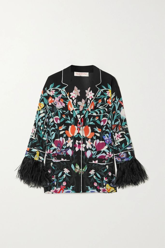 Feather-trimmed Printed Silk Crepe De Chine Shirt - Black