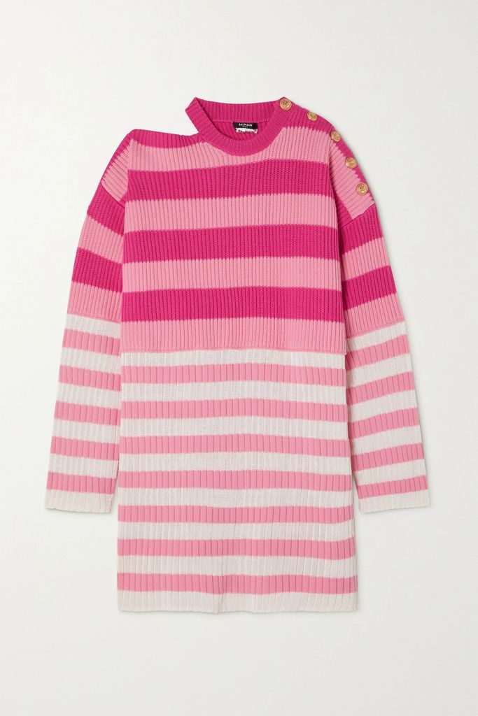 + Barbie Cold-shoulder Button-embellished Striped Wool-blend Dress - Pink