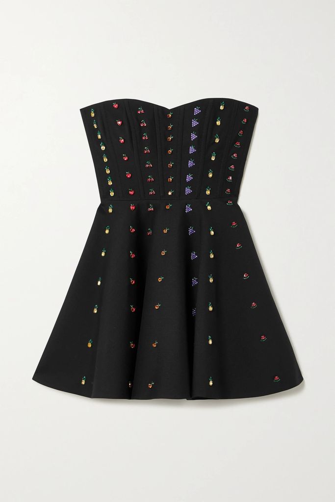Strapless Crystal-embellished Wool And Silk-blend Mini Dress - Black