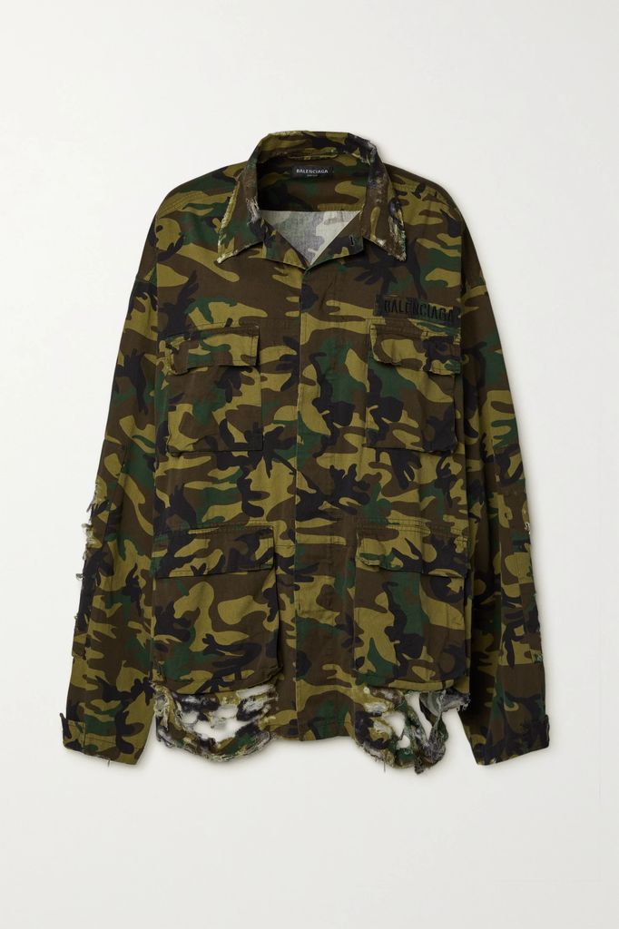 Oversized Distressed Camouflage-print Cotton Jacket - Green